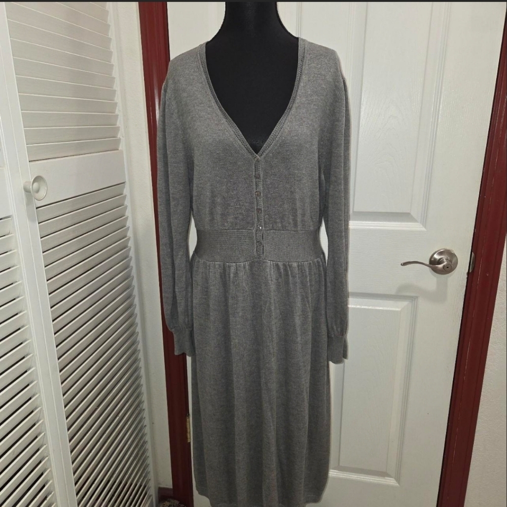 Sigrid Olsen Gray Vneck Long Sleeve Knit Dress Career Office Fall Winter XL